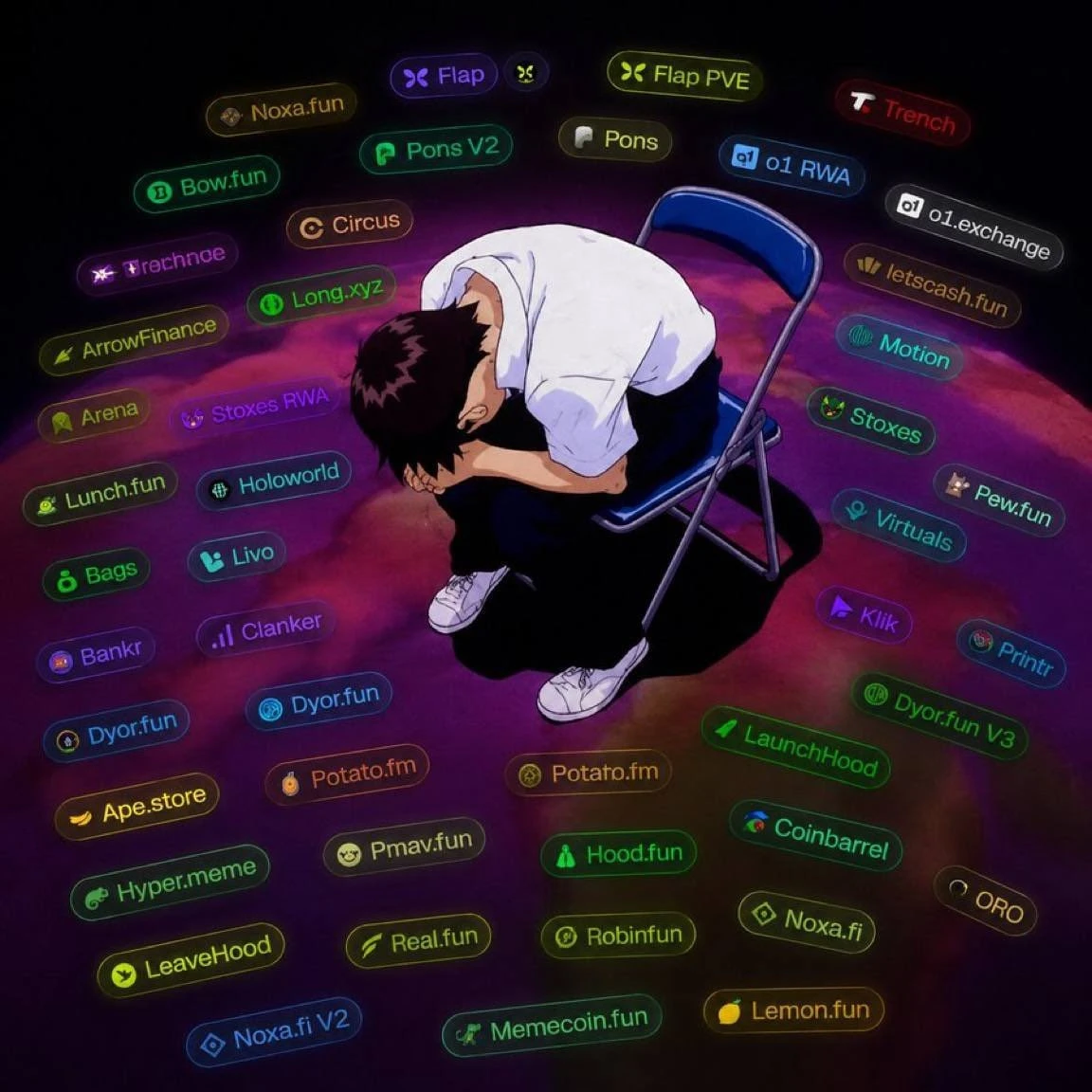 A figure slumped on a folding chair, ringed by forty-six launchpads — using none of them